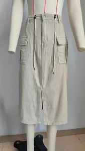 Front view of khaki cargo denim midi skirt featuring a drawstring waist and front slit detail.