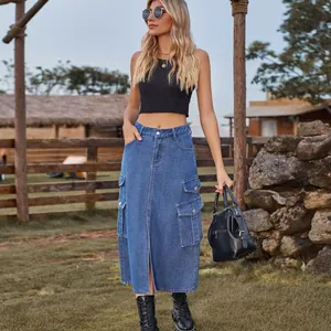 Western style high waist denim cargo midi skirt with side pockets and front split