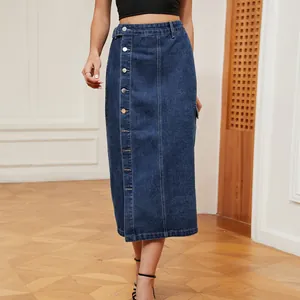 Detailed view of dark wash denim midi skirt with decorative button front and high waist