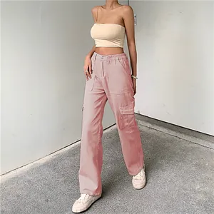 Modische rosa Cargo-Denim-Hose für Damen mit mehreren Taschen und Gummizug im Bund