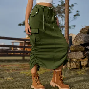 Detailed view of olive green cargo midi skirt with drawstring and pocket features