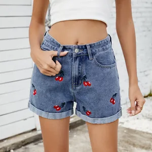 Dames Denim Shorts met Hoge Taille Gewassen Blauw Kers Borduurwerk Hotpants Casual Zomer Strandkleding Omslagzoom Jeans