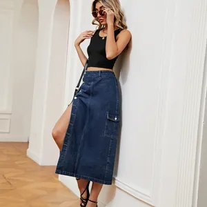 Close-up of a stylish denim cargo skirt featuring a side slit and button details.