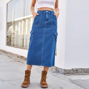 Stylish high waisted blue denim cargo midi skirt featuring utility pockets and front slit
