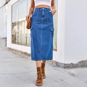 Street style washed blue denim cargo midi skirt with side pockets and front seam