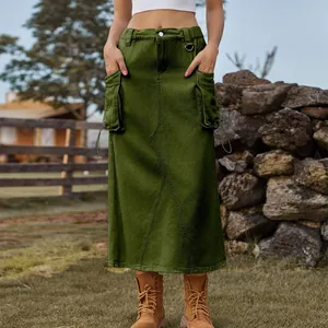 Retro army green cargo denim midi skirt with large side pockets and drawstring details