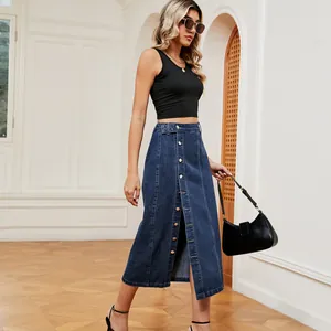 Full-length view of a button-front denim midi skirt with a stylish front slit