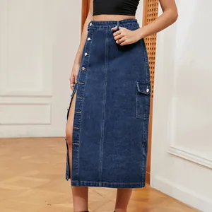 Casual dark blue denim cargo midi skirt with side buttons and stylish slit detail