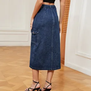 Detailed back view of a blue denim cargo midi skirt featuring a side pocket and center seam