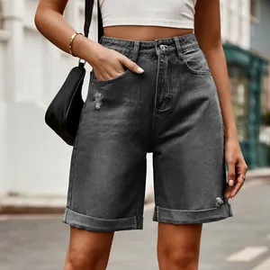 Short bermuda en jean gris à taille haute avec ourlets roulés tendance pour femmes