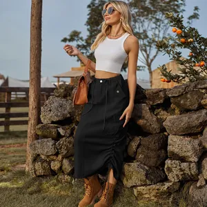 American style black drawstring denim cargo midi skirt shown on model in outdoor setting