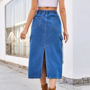 Detailed back view of a blue denim cargo midi skirt with elastic waist and back slit