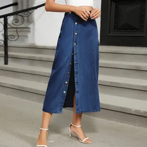 Detailed front view of a high-waisted denim midi skirt with stylish button-up closure