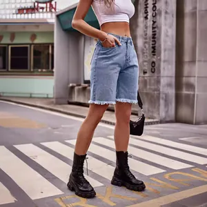 Pantaloncini di Jeans a Gamba Dritta Con Orlo a Frange da Donna Azzurro Vita Media Orlo a Taglio Vivo Pantaloni Bermuda Casual