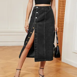 Women's High Waist Denim Midi Skirt Washed Cargo Skirt With Pockets Side Split Button Front Streetwear Casual Bottoms For Women