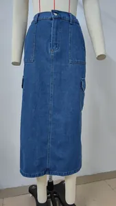 Detailed front view of a high-waisted long blue denim cargo skirt on mannequin