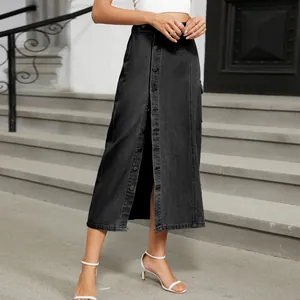 Stylish black denim midi cargo skirt featuring front buttons and a chic leg slit