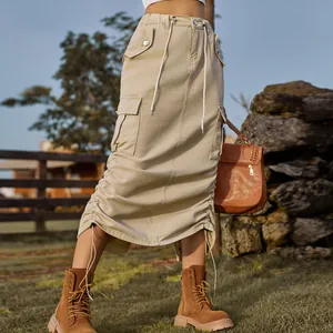 Trendy American style khaki cargo midi skirt with adjustable drawstring and side pockets