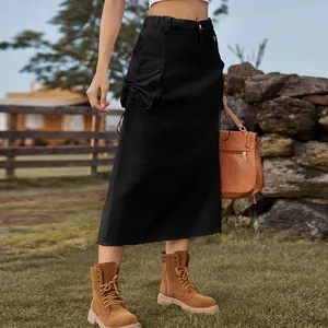 High-waisted black denim cargo midi skirt featuring drawstring side pocket details
