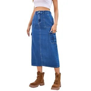 Casual washed blue denim cargo midi skirt featuring large utility pockets for women