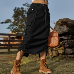 Detail of black drawstring denim cargo midi skirt with functional side pockets and ties