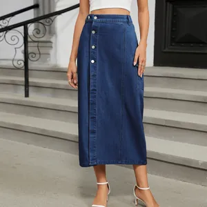 Stylish high-waisted blue denim cargo midi skirt featuring button-front closure and front slit