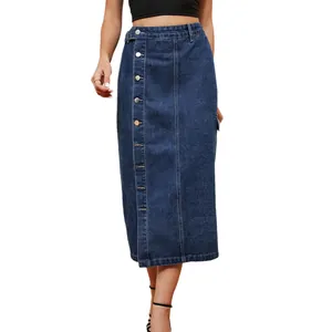 High waisted blue denim midi skirt featuring trendy side button detail and cargo style