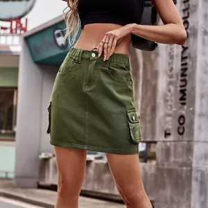 Fashionable military green denim cargo mini skirt with elastic waist shown on model