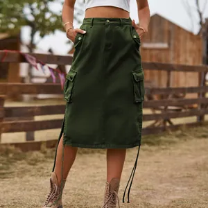 Stylish dark green cargo denim midi skirt featuring large utility pockets and drawstrings