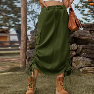 Detail view of army green cargo midi skirt with adjustable drawstring hem