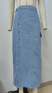 Light blue denim cargo midi skirt featuring front buttons and side utility pockets