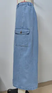 Side view of light blue denim cargo skirt with utility pocket and elastic waist.