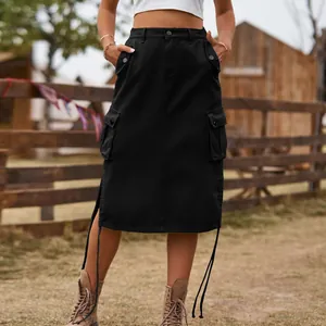 Detailed view of black mid-length denim cargo skirt with side pockets and drawstrings
