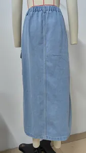Detailed view of a high-waisted light blue denim cargo maxi skirt on mannequin