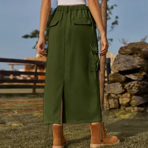 Back view detail of army green cargo denim skirt with drawstring and utility pockets