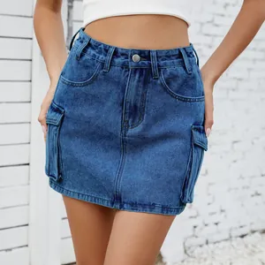 Close-up of vintage blue denim cargo mini skirt with functional side pockets