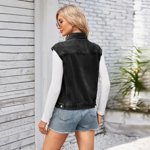 Back view of a classic black washed denim vest for women, casual streetwear style