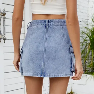 Detailed rear view showing pockets of a light wash American retro denim cargo mini skirt
