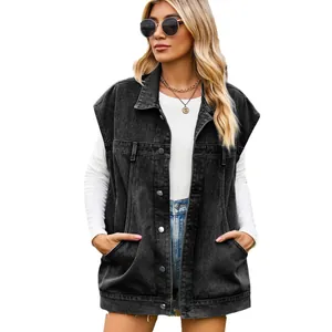 Gilet casual alla moda in denim nero lavato oversize da donna con pratiche tasche grandi