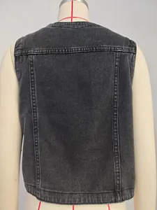 Detailed back view of a slim fit washed grey denim vest with structural stitching lines
