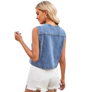 Washed blue slim fit cropped sleeveless denim vest for women, back view on white background