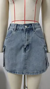 Front view of vintage washed denim cargo mini skirt on mannequin dress form