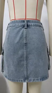 Back view detail showing the fit of an American retro light wash denim cargo mini skirt