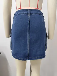 Macro view showing the back seam and side pockets of a vintage denim cargo skirt