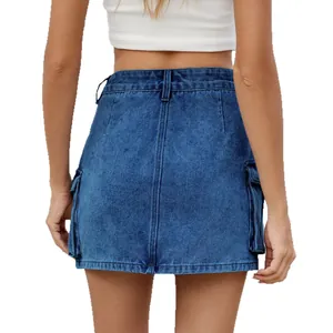 Back view of a vintage blue washed denim cargo mini skirt with side utility pockets