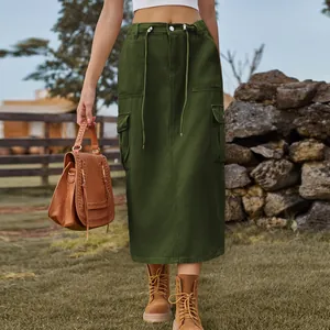 Military green cargo denim maxi skirt with drawstring waist and pockets detail