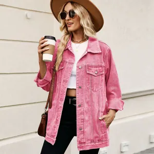 Stijlvol vintage losvallend roze spijkerjack met borstzakken en een knoopsluiting