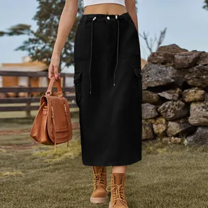 Stylish black cargo denim midi skirt with drawstring waist and large pockets detail