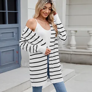 Chaqueta larga de punto a rayas para mujer, perfecta para un estilo casual diario