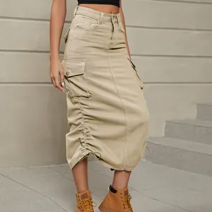 Jupe en Jean Cargo à Taille Haute pour Femme Jupe Droite Longueur Midi avec Poches et Cordon de Serrage Casual Streetwear
